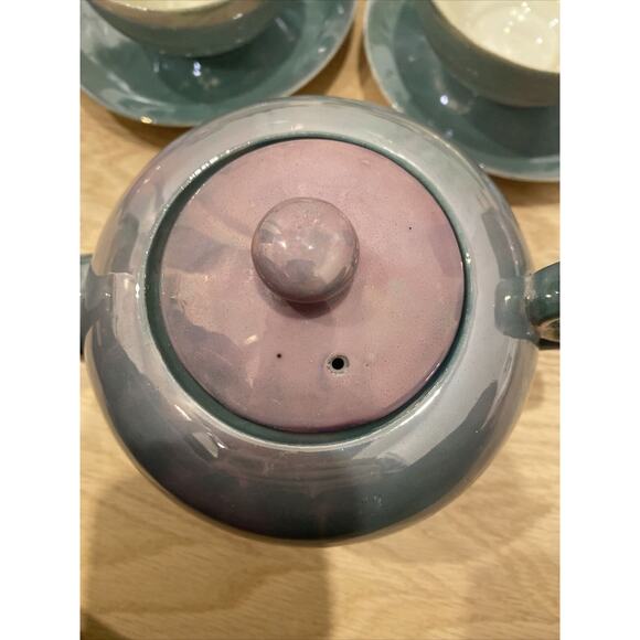 Lusterware Tea Set For 5 - Teapot, Sugar, Creamer, Cups & Saucers Japan Aqua - Picture 3 of 16